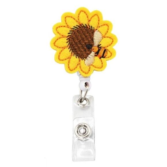 Embroidered Felt Sunflower with Bee ID Badge Holder with Retractable Lanyard - Picture 2 of 3